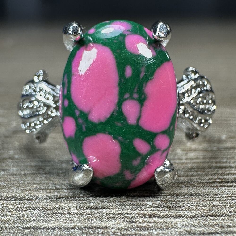 925 Sterling Silver Pink Green Oval Art Glass Statement Ring Boho AKA Ring Sz 8